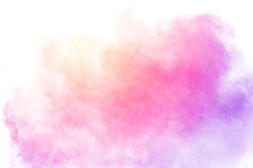 Multicolored particles explosion on white background. Colorful dust splatter on white background.