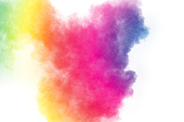 Multicolored particles explosion on white background. Colorful dust splatter on white background.
