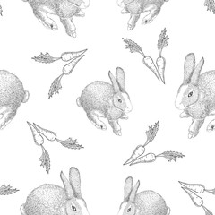 hand drawn hares with carrots. Animal seamless pattern. Illustration on white background.