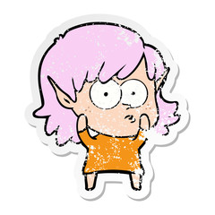 distressed sticker of a cartoon elf girl staring