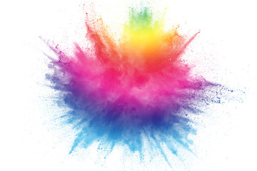 Multicolored particles explosion on white background. Colorful dust splatter on white background.