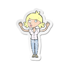 retro distressed sticker of a cartoon woman surrendering
