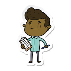 sticker of a happy cartoon man with pen and clipboard