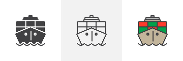 Container, cargo ship icon. Line, glyph and filled outline colorful version, Ship boat outline and filled vector sign. Symbol, logo illustration. Different style icons set. Pixel perfect vector 
