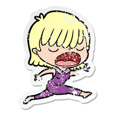 distressed sticker of a cartoon woman talking loudly