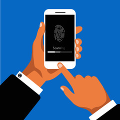 Hand holding smartphone with scanning fingerprint app on screen. Concept fingerprint identification or authentication. Vector illustration