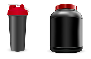 Black Sport Bottle, Shaker. Whey Portein Container 3d Pack. Plastic Can for Workout Gainer. Realistic Gym Blender Jar. Energy Box Blank. Bodybuilding Supplement Canister with Cap.