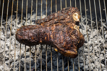 A top sirloin t bone steak flame broiled on a barbecue