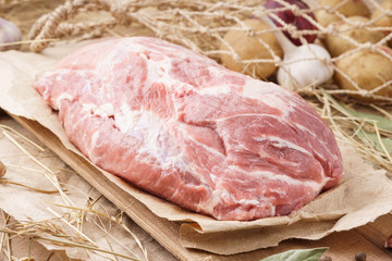 Raw pork meat - neck, butt or picnic ham. Fresh meat.