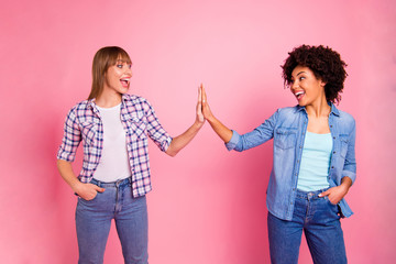 Close up photo two cheer diversity she her ladies different race skin hold clap arms amazed glad great company wear casual jeans denim checkered shirt clothes outfit isolated pink background