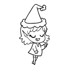 happy line drawing of a elf girl pointing wearing santa hat