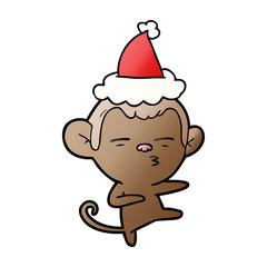 gradient cartoon of a suspicious monkey wearing santa hat