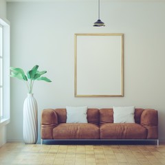 Living room with Leather sofa have pillows, Poster on white wall, Vintage Style, 3D Rendering