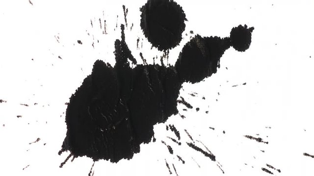 Black ink paint splashed over white textured background. Top view. Perfect assets for your motion graphics, transitions or other visual projects