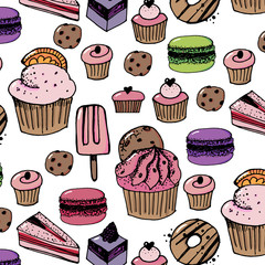 Birthday seamless pattern with sweets - ice cream, donuts, cupcakes, chocolate bar, candies.
