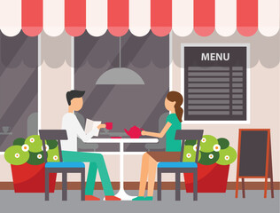 Man and woman sitting in cafe vector. Terrasse of restaurant, couple enjoying weekend in coffee shop, people drinking tea pouring from ceramic kettle