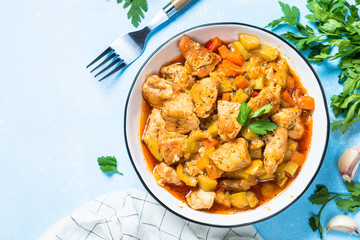 Chicken stew with vegetables, top view.
