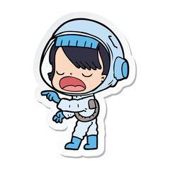 sticker of a cartoon astronaut woman pointing and talking