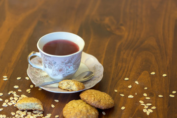 oatmeal cookies with a cup of tea