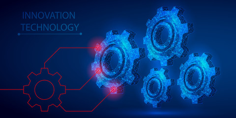 Gear polygonal mechanism abstract background. The isolated concept of innovative technology, industrial technologies, business consists of low poly wireframe, geometry, lines, dots, polygons, shapes