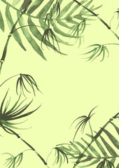 Obraz premium Watercolor frame tropical leaves and branches isolated. Palm leaf background, postcard. Green tropical palm leaf, bamboo. Illustration for design wedding invitations, greeting cards, postcards 