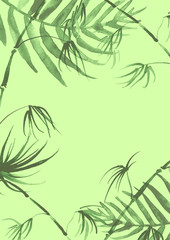 Watercolor frame tropical leaves and branches isolated. Palm leaf background, postcard. Green tropical palm leaf, bamboo. Illustration for design wedding invitations, greeting cards, postcards 