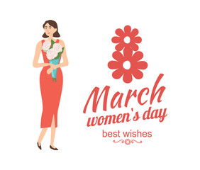 8 march greeting card, lady with bouquet and best wishes on International womens holiday. Vector pink lettering congratulations and girl in red dress