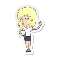 sticker of a cartoon pretty woman waving