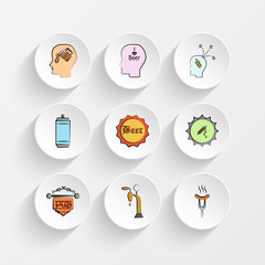 pour beer, beer in mind, Think about barley and metal can icons on plate illustration set