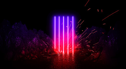 Space futuristic landscape. Fiery meteorites, sparks, smoke, light arches. Dark background with...