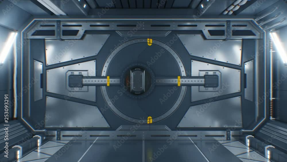 Wall mural beautiful abstract metal gate opening on black background. futuristic 3d animation with green screen