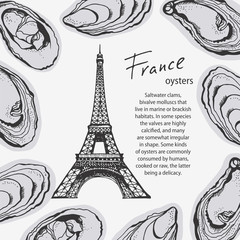 Fototapeta na wymiar Vector background with hand drawn Eiffel Tower in France, oysters and place for text