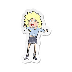 retro distressed sticker of a cartoon woman having trouble walking in heels