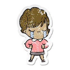 distressed sticker of a cartoon woman crying