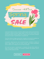Spring sale, discount 45 percent off, webpage decorated by pink tulips, shopping online. Website with links buy and read now, springtime prices vector