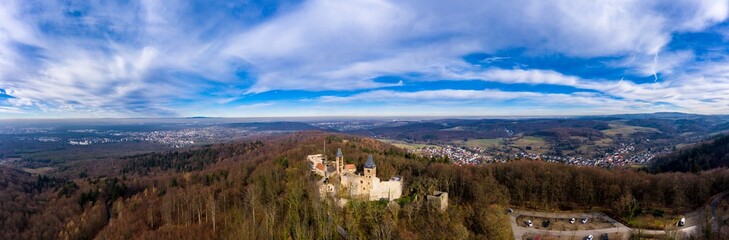 Fototapeta na wymiar Aerial view, Frankenstein Castle, Eberstadt, Odenwald, Hesse, Germany, Feb 2019