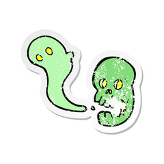 retro distressed sticker of a cartoon spooky skull