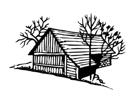 Wooden barn with trees, countryside animal farm black and white icon
