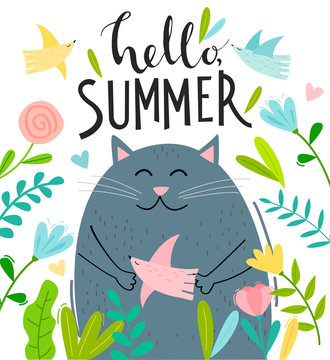 Hello Summer card with cute cartoon cat, flowers, bird and hand drawn lettering 