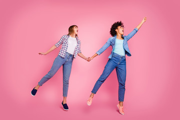 Full length body size view of two person nice lovely attractive charming cheerful cheery childish...