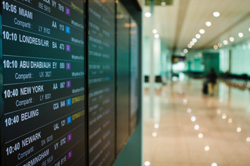 Airport board departures announces the next flights timetable