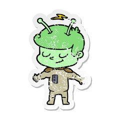 distressed sticker of a friendly cartoon spaceman