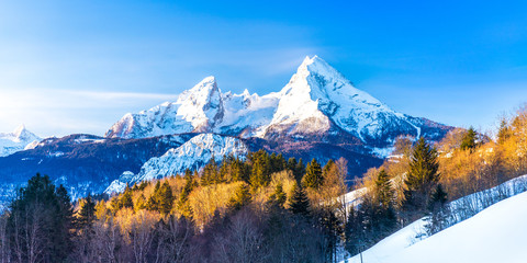 Beautiful view of famous Watzmann mountain peak on a cold sunny day in winter