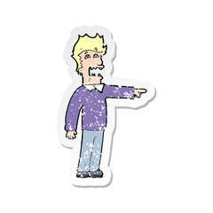 retro distressed sticker of a cartoon man accusing