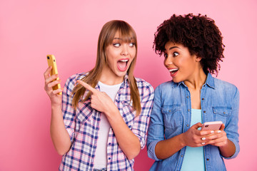 Portrait of her she two person nice cute attractive charming cheerful amazed funny girls wearing...