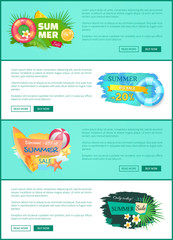 Naklejka premium Summer sale offers set of poster with text sample. Lifeline and lifebuoy with flowers and tropical leaves. Surfboard and game ball propositions vector