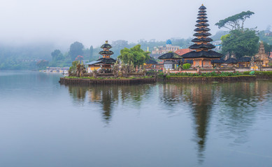 Reflection view of Pura Ulan Danu Bratan a famous picturesque landmark and a significant temple on the shores of Lake Bratan in Bali, Indonesia.