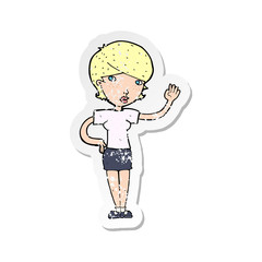 retro distressed sticker of a cartoon woman waving