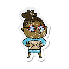 distressed sticker of a cartoon woman wearing glasses