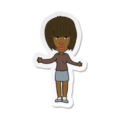 sticker of a cartoon woman shrugging shoulders